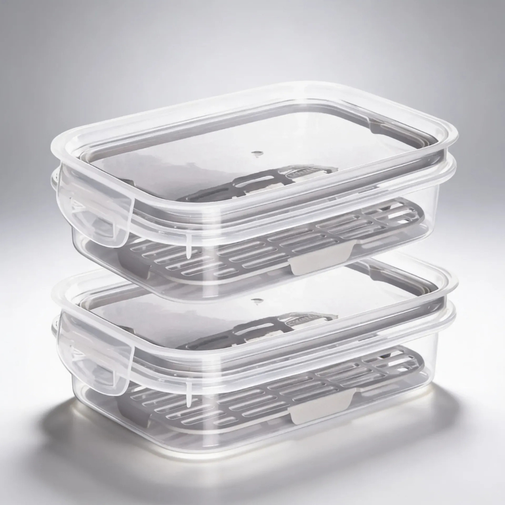 Kit 2 Potes Hermético Porta Frios Com Travas Cesto Escorredor 500 ML Frutas Vegetais Alimentos