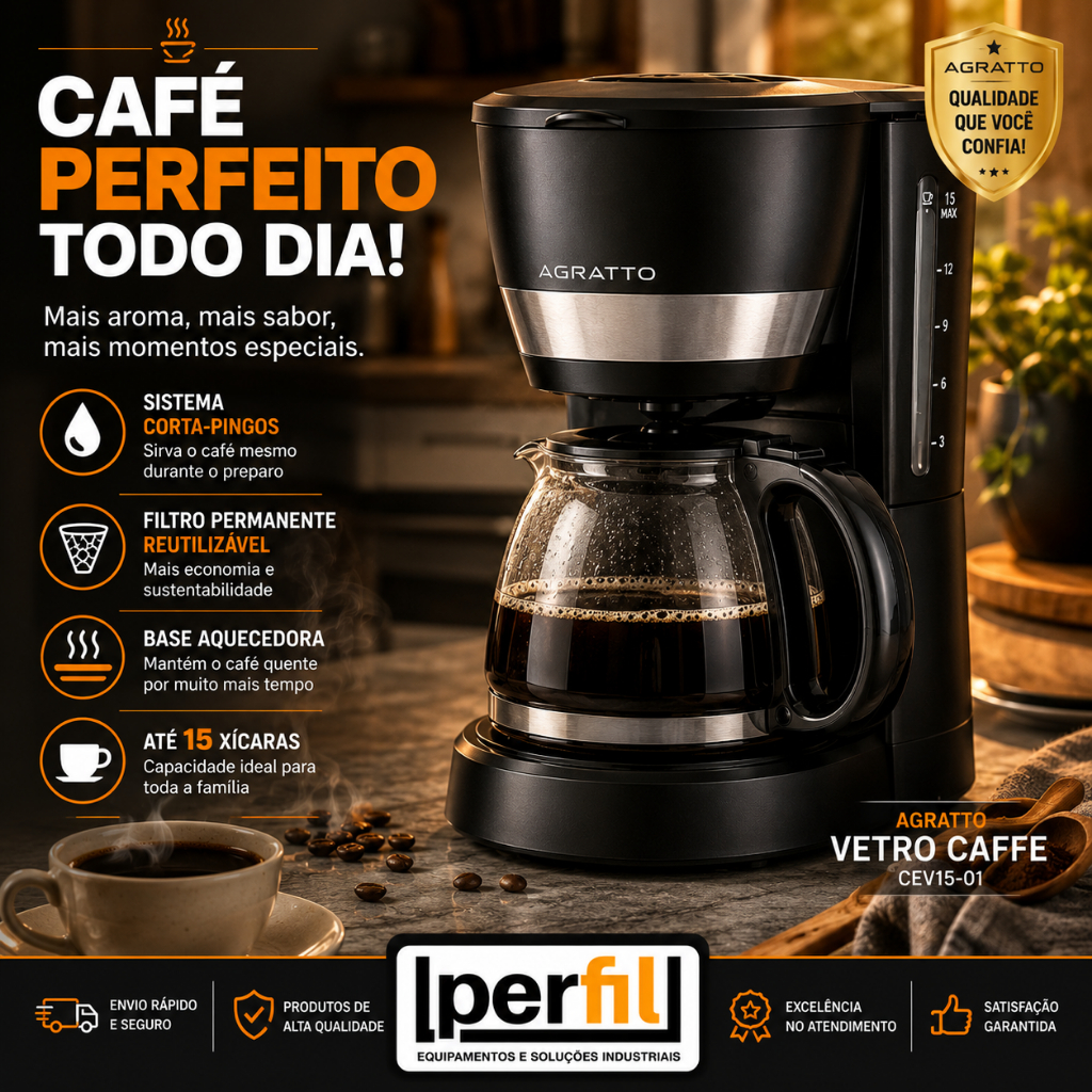 Cafeteira Elétrica Cafeteira Agratto Cafeteira Vetro Caffè 15 Xícaras 600ml 127V Filtro Permanente