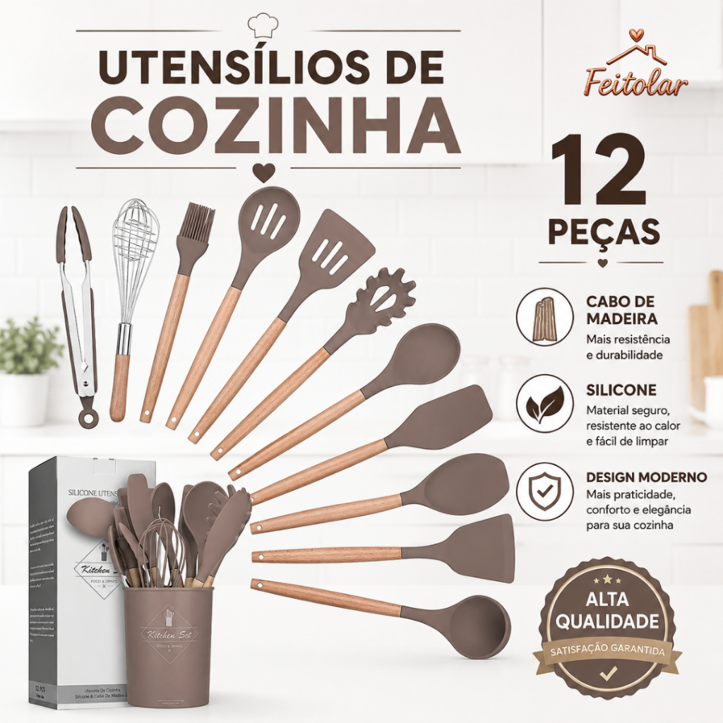 Utensílios de Cozinha Silicone 12 Peças Cabo Madeira Resistente ao Calor Livre de BPA