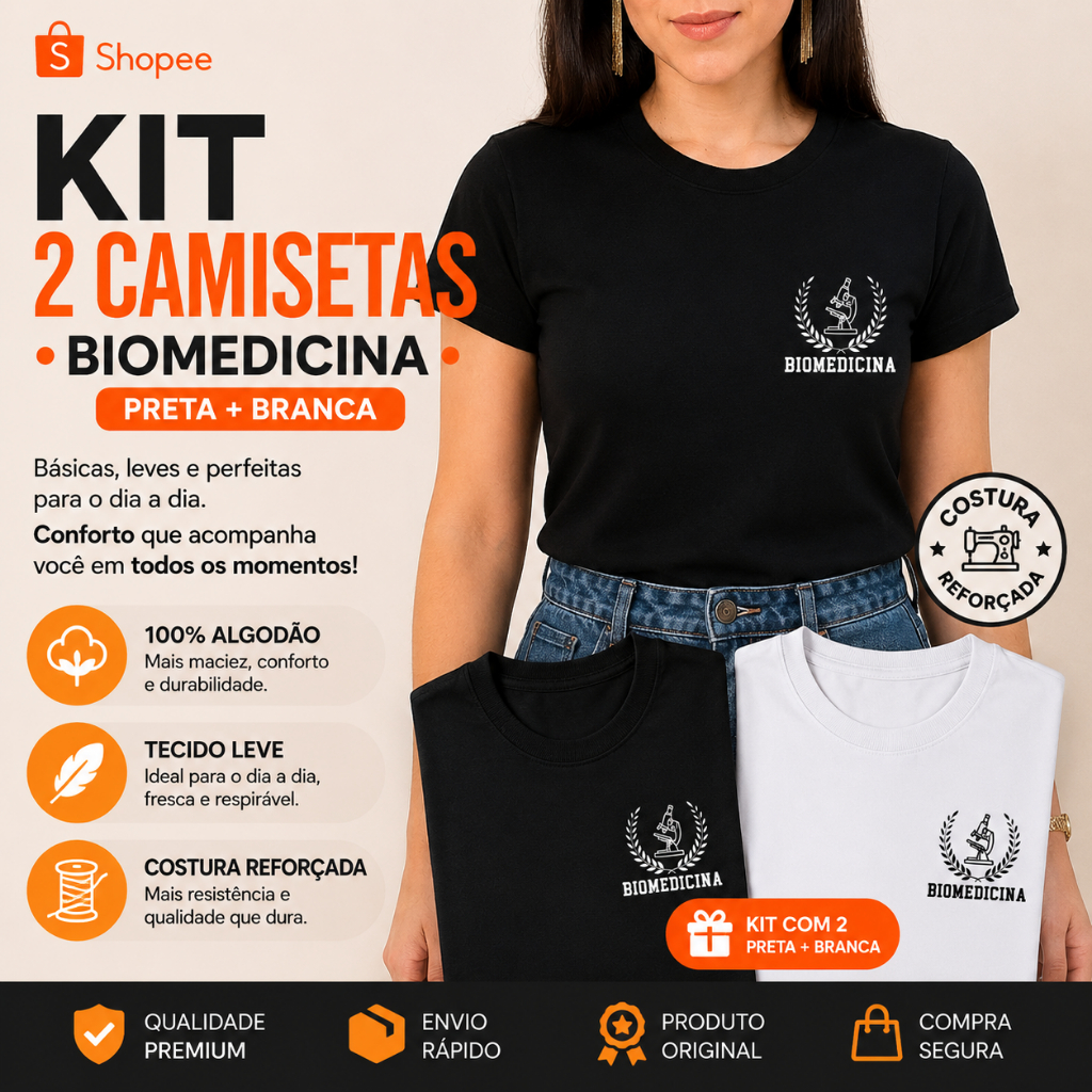 Kit 2 Blusas Biomedicina Babylook Brasão no Peito Profissão Faculdade 100% Algodão Confortável