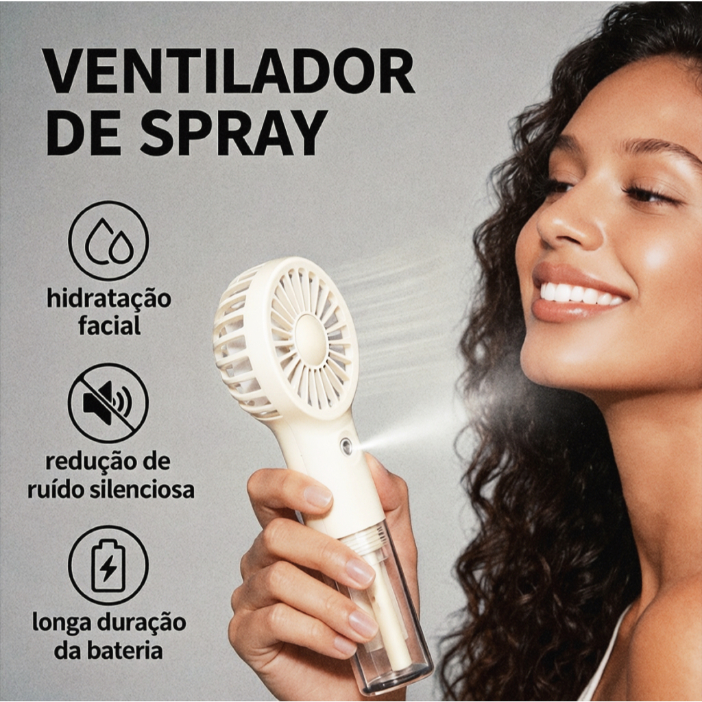 Mini Ventilador USB Portátil com Spray de Água –Vento Forte, Grande Reservatório, Super Silencioso, Autonomia Prolongada