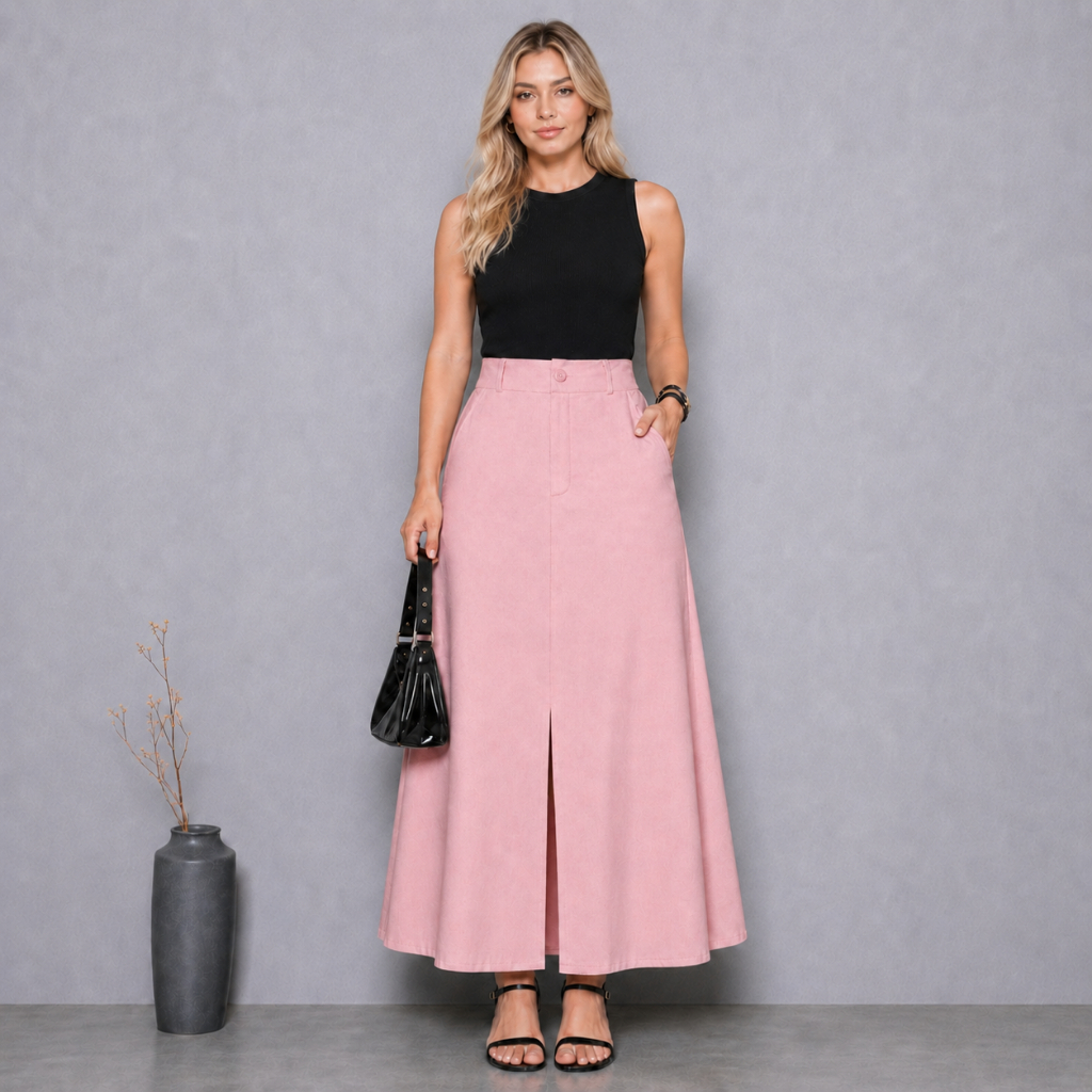 Saia Midi em Linho com Fenda Cintura Alta Com Fenda e Bolso