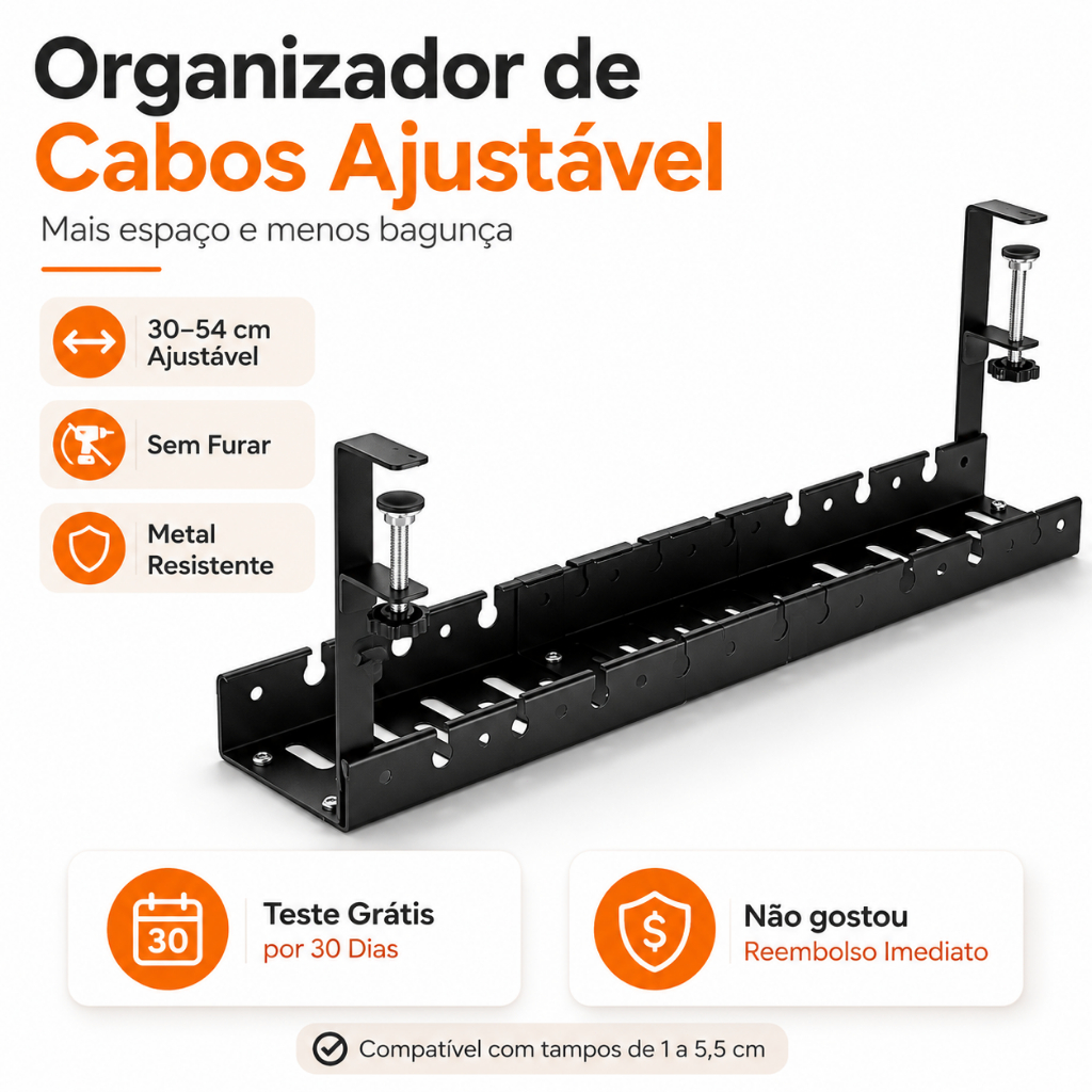 Organizador de Cabos Sob Mesa Ajustável 30 a 54cm Sem Furo Suporte Metálico Para Filtro de Linha