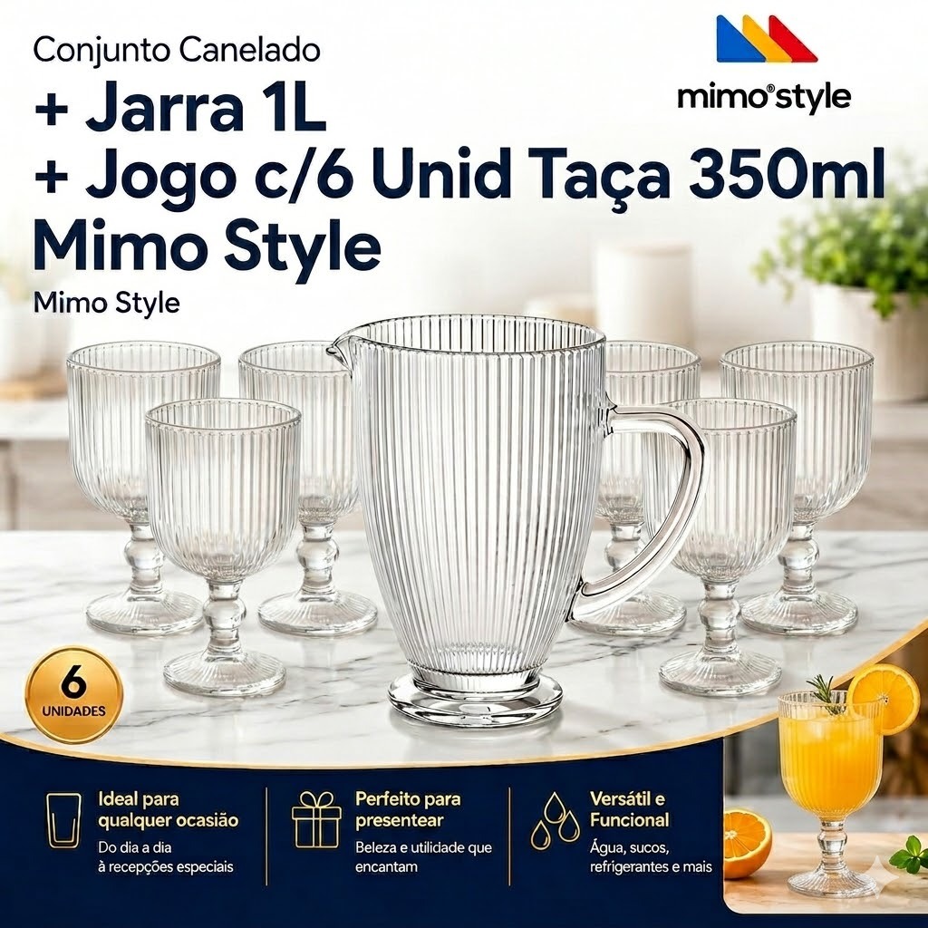Conjunto Canelado Jarra 1 Litro Vidro + Jogo c/6 Unid Taça 350ml Vinho Água Vidro Sleek Mimo Style