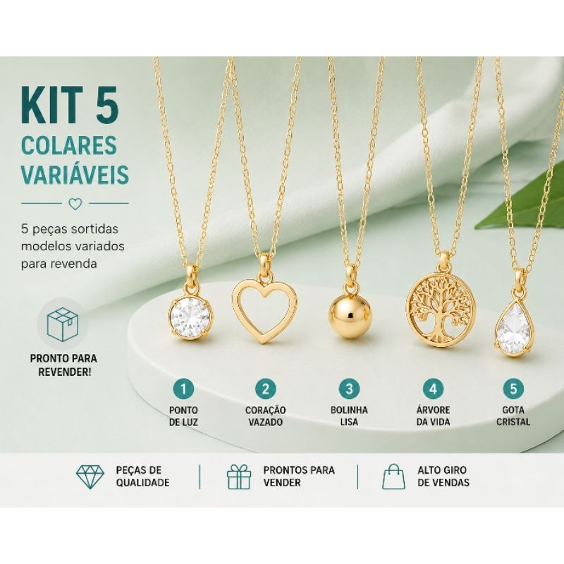 Kit colar + pingente feminino folheado variados revenda presente atacado