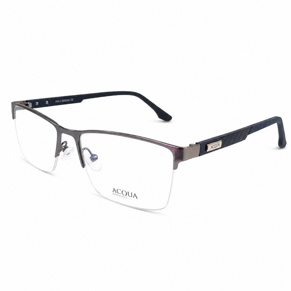 Armação Óculos Grau Acqua 55-17-145 Masculino Retangular Metal Grafite Premium Semi-Aro Leve