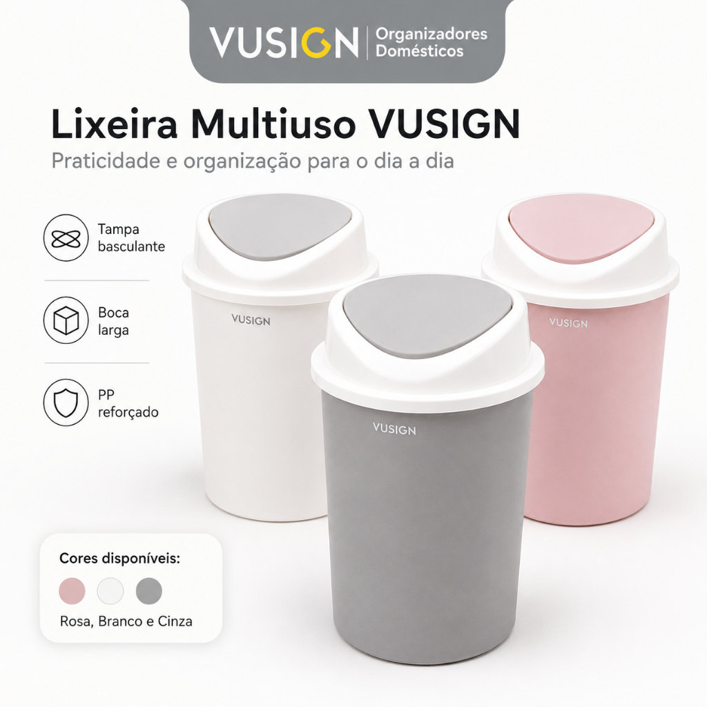 Lixeira Vusign Multiuso em PP Reforçado com Tampa Basculante Boca Larga para Cozinha, Banheiro Sala