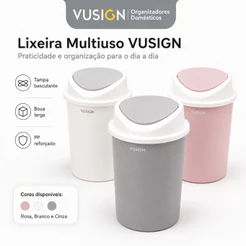 Lixeira Vusign Multiuso em PP Reforçado com Tampa Basculante Boca Larga para Cozinha, Banheiro Sala