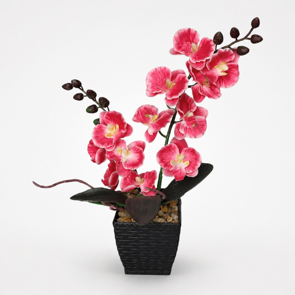 Arranjo Artificial Orquídea Rosa 35cm 2 Galhos Com Vaso Decorativo Para Sala Quarto Escritório Casa