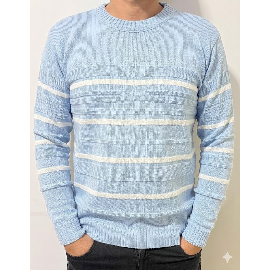 Camisa Suéter Masculina Azul Bebê Tricô Blusa de Frio Listrada Basica Gola Redonda Estilosa