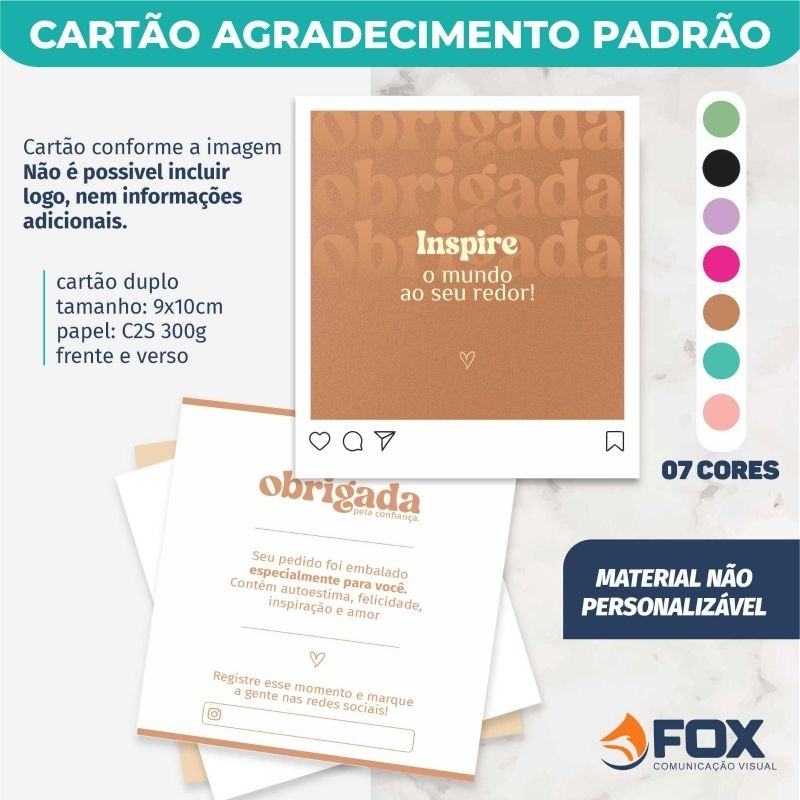 Cartão de Agradecimento Padrão Feed Cores Variadas - Frente e verso - 50, 100 ou 200 unidades