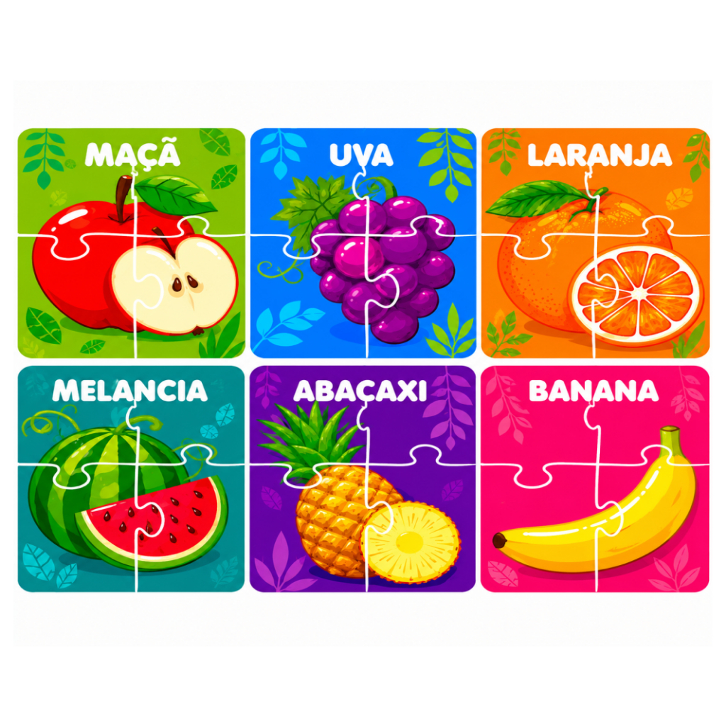 Kit 6 Quebra Cabeça Infantil de Madeira Educativo Pedagógico Lúdico (4 Peças cada) Alimentos Frutas
