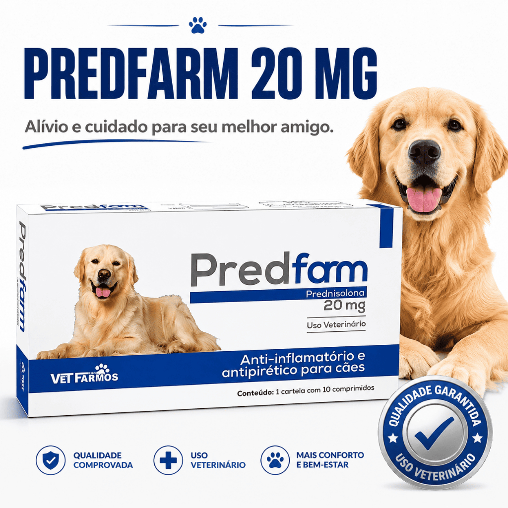 Predfarm 20mg Prednisolona para Cães Cartela 10 Comprimidos Anti-inflamatório Veterinário
