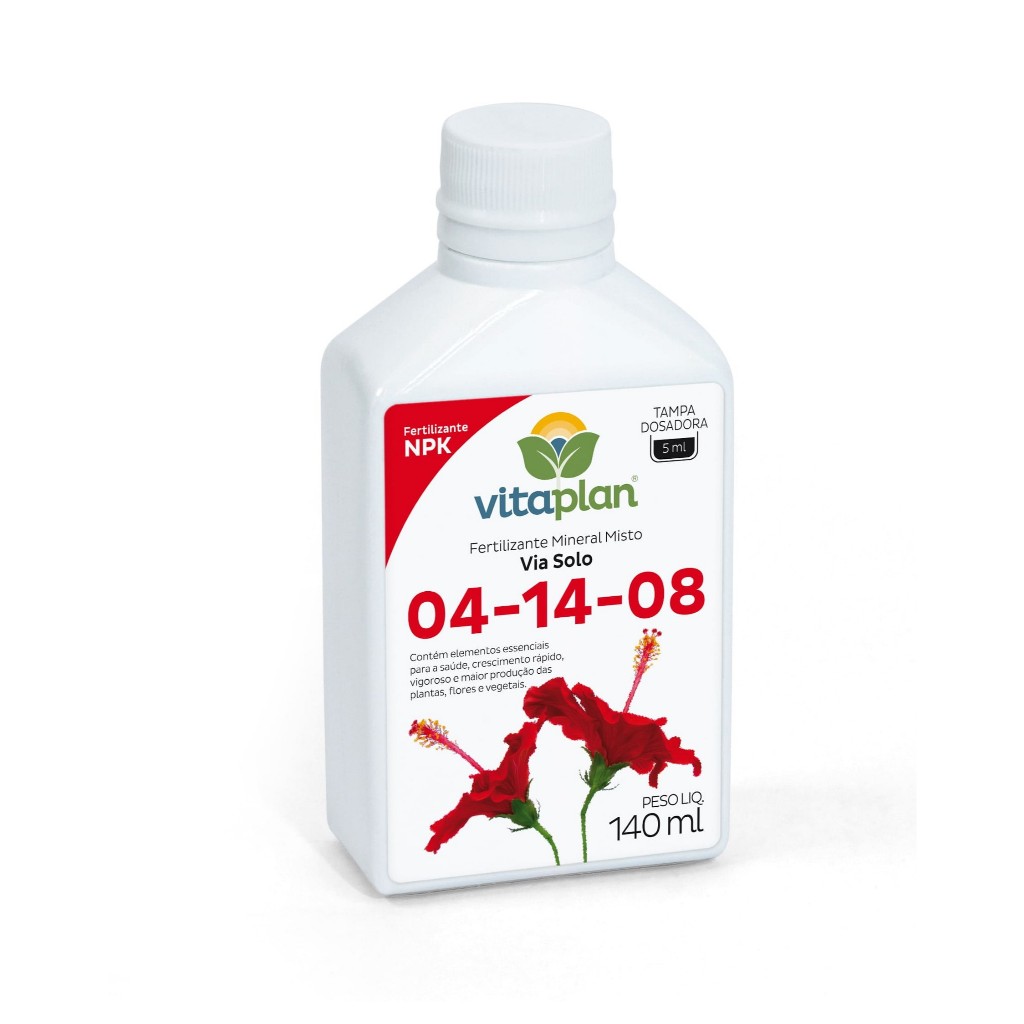 Fertilizante Líquido NPK 04-14-08 Vitaplan 140ml - Especial Floração e Frutos - Com Tampa Dosadora