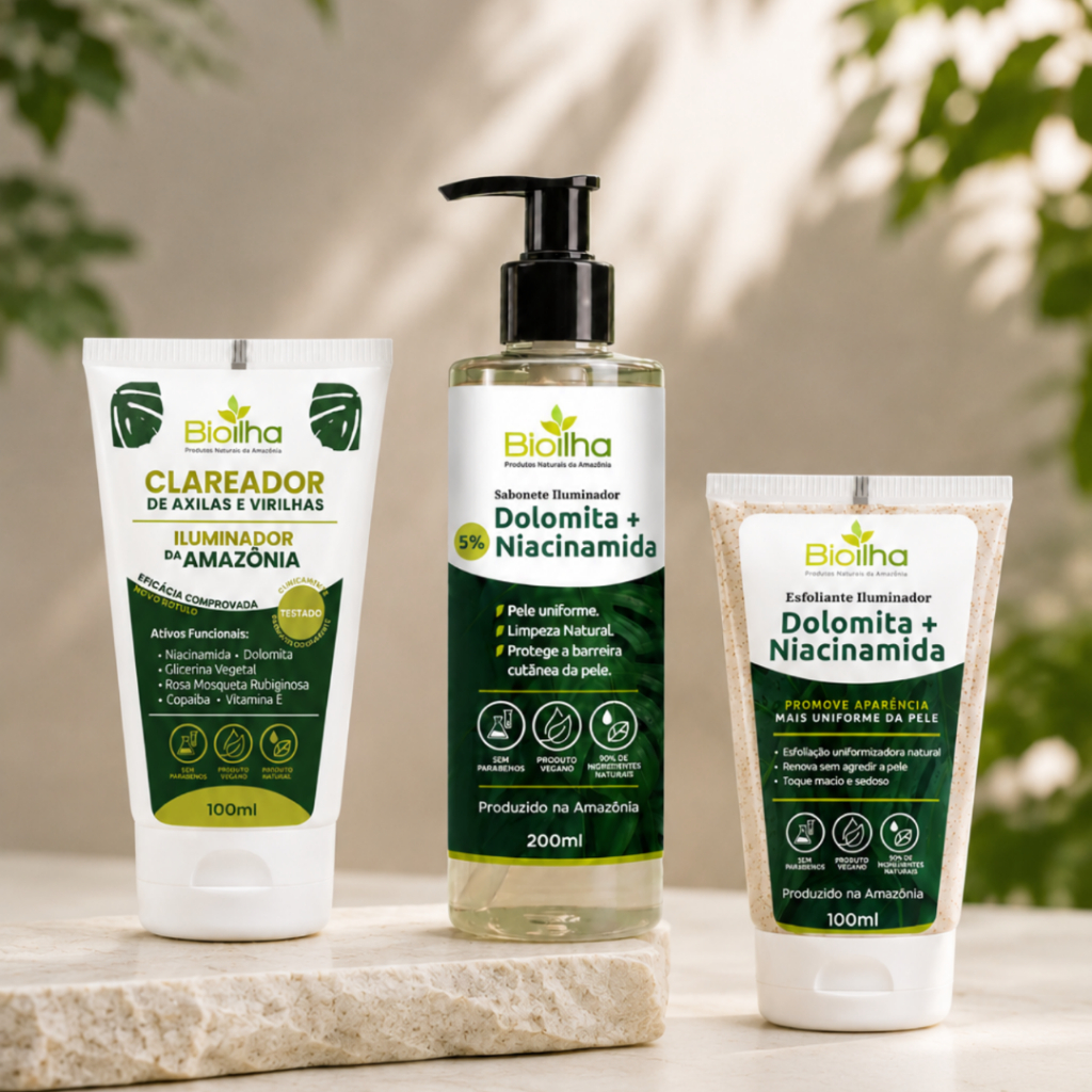 Kit Clareador Axilas e Virilhas Bioilha + Sabonete, Esfoliantee creme de Dolomita com Niacinamida