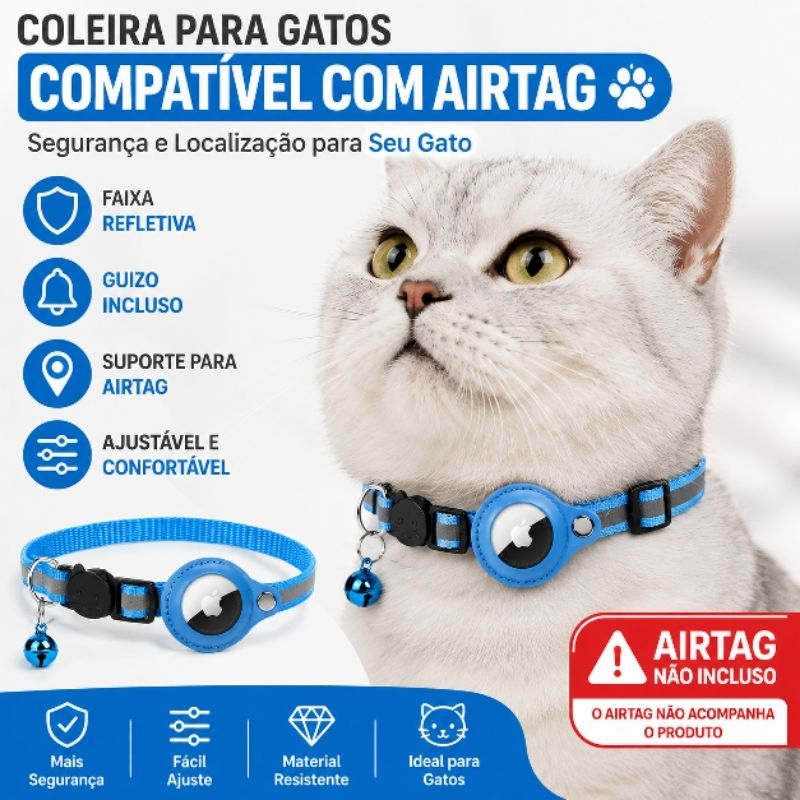 Coleira para Gatos Compatível com Airtag Refletiva Ajustável com Guizo e Fecho d