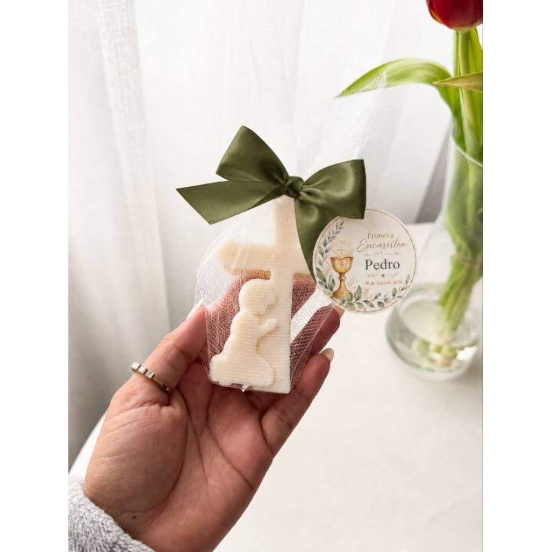 15 Lembrancinha Primeira Eucaristia Vela Perfumada Personalizada com Tag