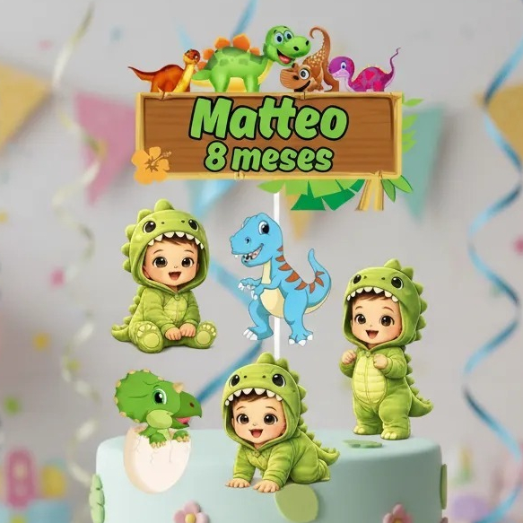 Topper Topo De Bolo Tema Bebê Dinossauro Decoração Para Mesversário Ou Aniversário Personalizado