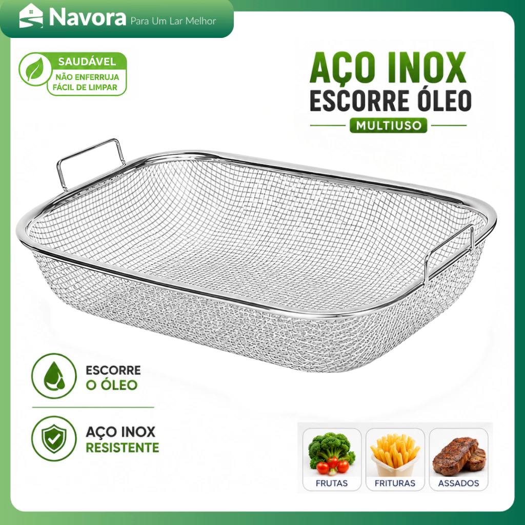 Escorredor de Óleo em Aço Inox com Bandeja e Cesto para Frituras Multiuso