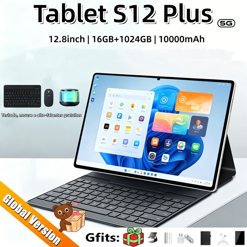 【Teclado e mouse gratuitos】Tablet S12 Plus Tab 12.8 polegadas 12GB+512GB apresenta 5G e Dual SIMTablet 10000mAh