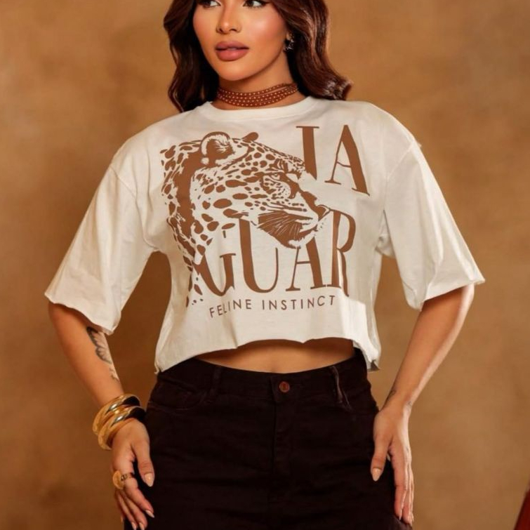 Cropped Feminino Oversized Jaguar Feline Camiseta Estampada Algodão Tendência Moderna Rodeio Gringa
