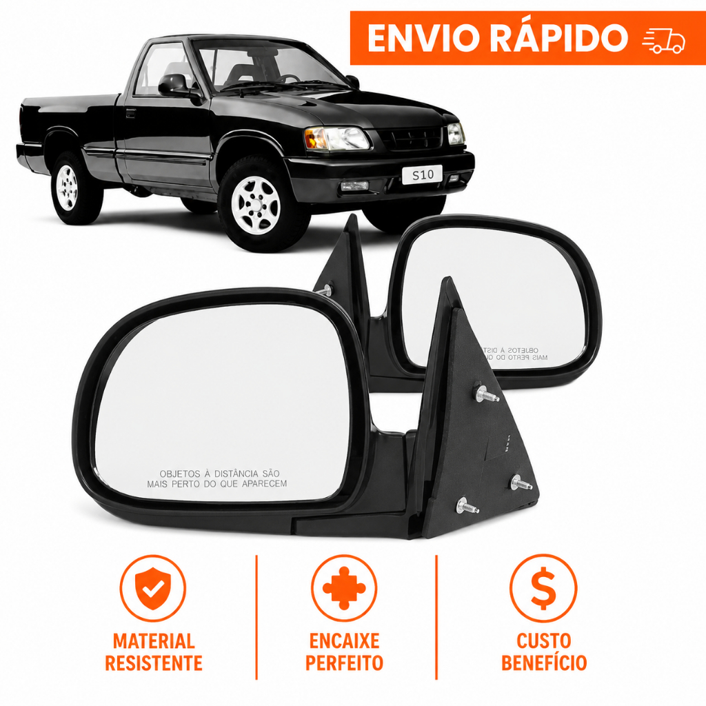 Retrovisor S10 1995 A 2011 Fixo Preto Liso