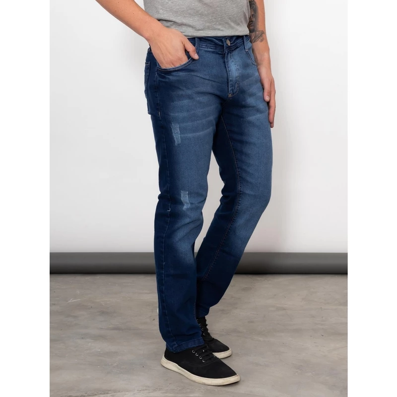 Calça Jeans Masculina Skinny | Destroyed Azul Escuro | Elastano Premium | Casual Moderno | Tamanho 38 ao 48