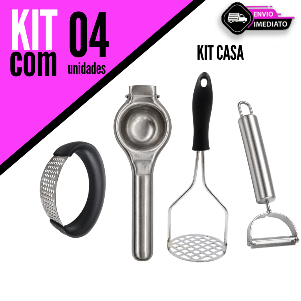 Kit Utilidades Cozinha 4/3/2/1 Peças Descascador Espremedor Limão Amassador Batata Alho