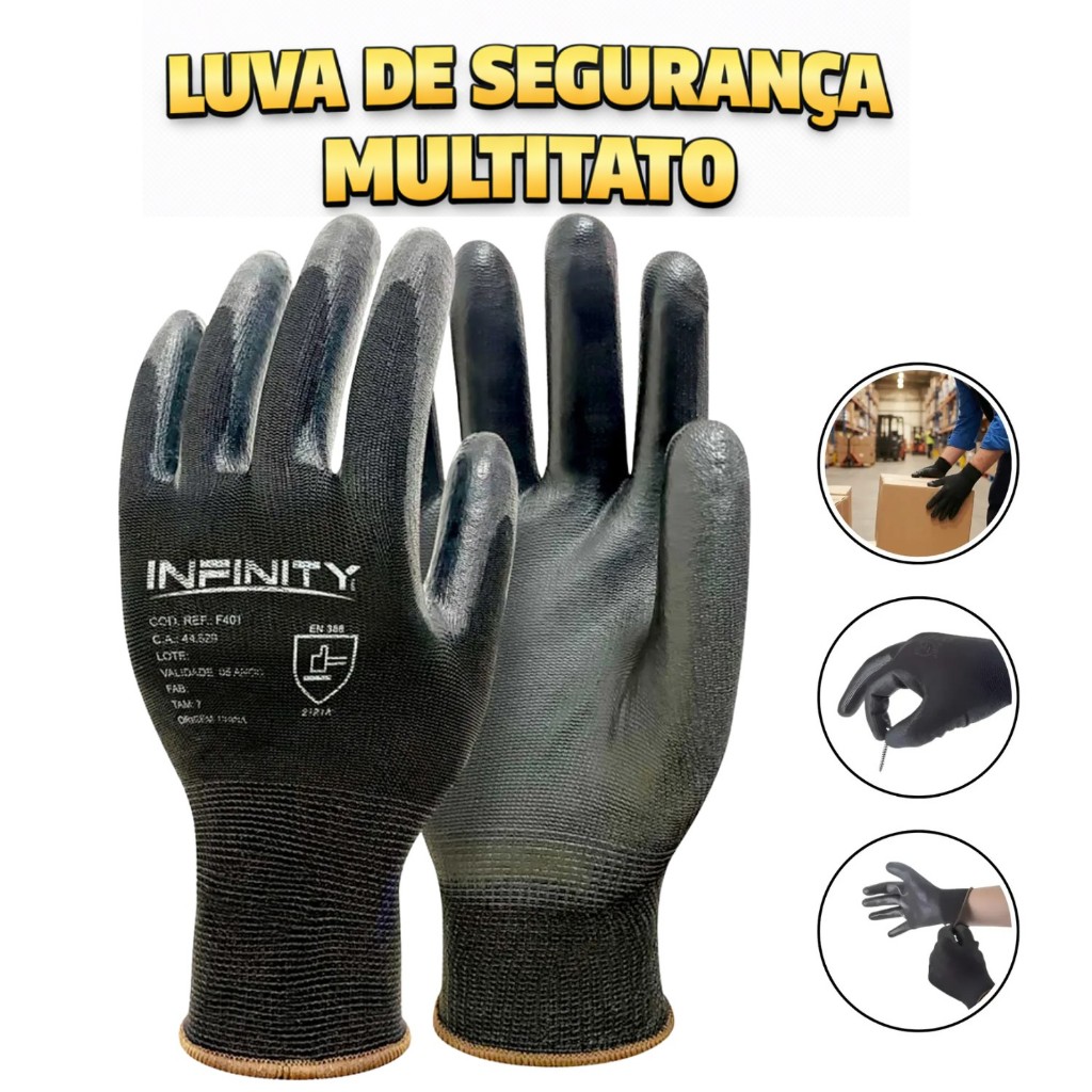 Kit 5 Luva De Segurança Multitato Tatil Banhada Luva Pu Black P M G GG Mecanico Pedreiro Eletricista