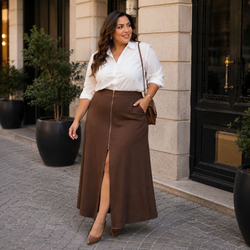 Saia Longa Plus size Feminina Alfaiataria Moda Evangélica Social Casual Básica Inverno Cintura Alta Ziper Frontal  P081