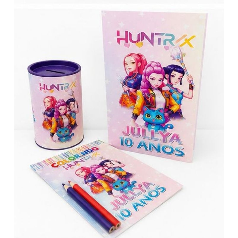 KIT 30 LEMBRANCINHAS PERSONALIZADAS (COFRINHO, SACOLINHA E LIVRINHOS PERSONALIZADOS (HUNTRIX/ GUERREIRAS DO KPOP)