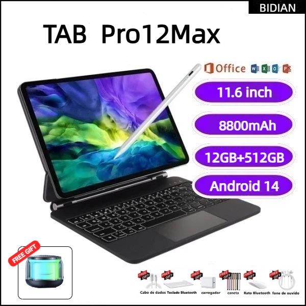 [Teclado + Mouse Grátis ] Tablet Pro12Max 11,6 polegadas 16 GB+1024 GB Android14  features 5G and Dual SIM. 10000mAh