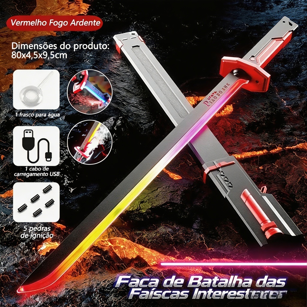 Espada Katana Samurai Grande 80Cm  LED RGB Faisca e Fumaça Sabre de Luz Iluminado Brinquedo Cosplay