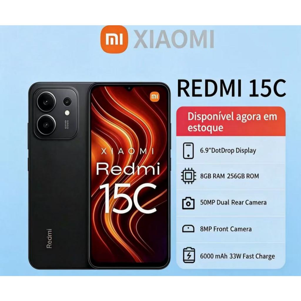 Celular Redmi 15C  256GB 8GB,4G,Câmera 50MP, Bateria 6000mAh, Proteção IP64,SIM,ORIGINAL