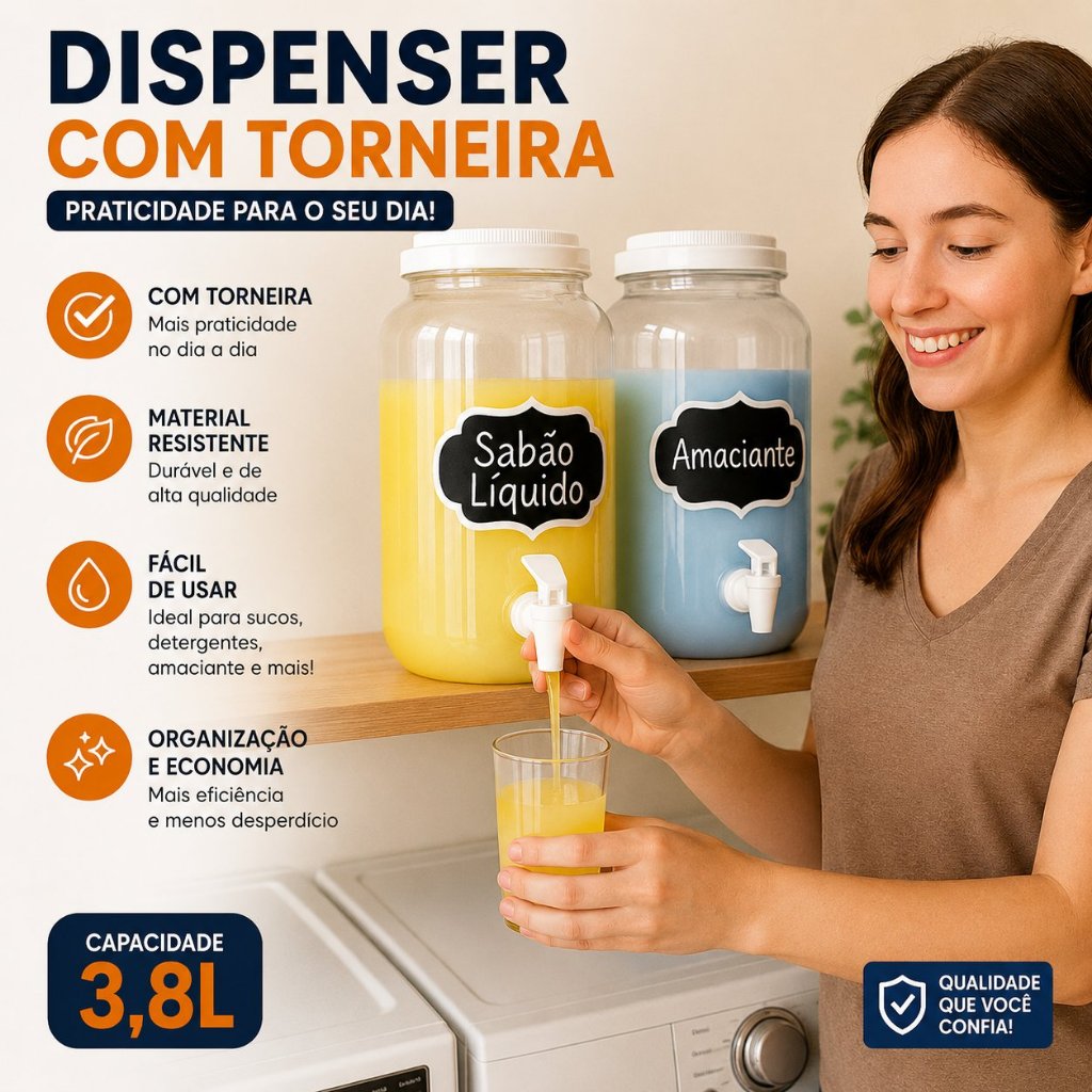 Porta Amaciante Sabão Liquido Desinfetante 3,6 Litros Com Tampa e Torneira Para sua Lavanderia Casa