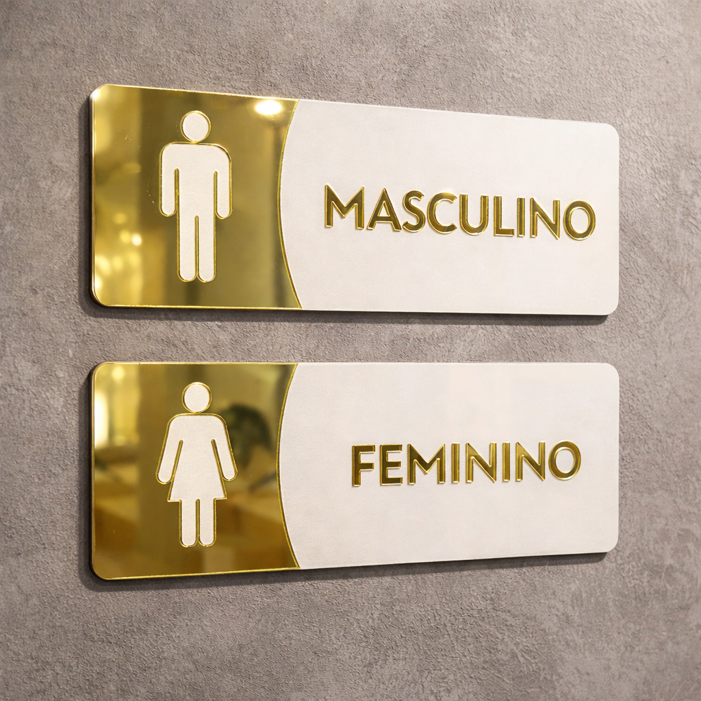 Placa Sinalização Banheiro Acrílico Espelhado Masculino Feminino Porta Base Mdf