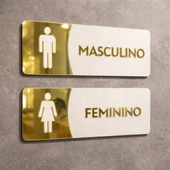 Placa Sinalização Banheiro Acrílico Espelhado Masculino Feminino Porta Base Mdf