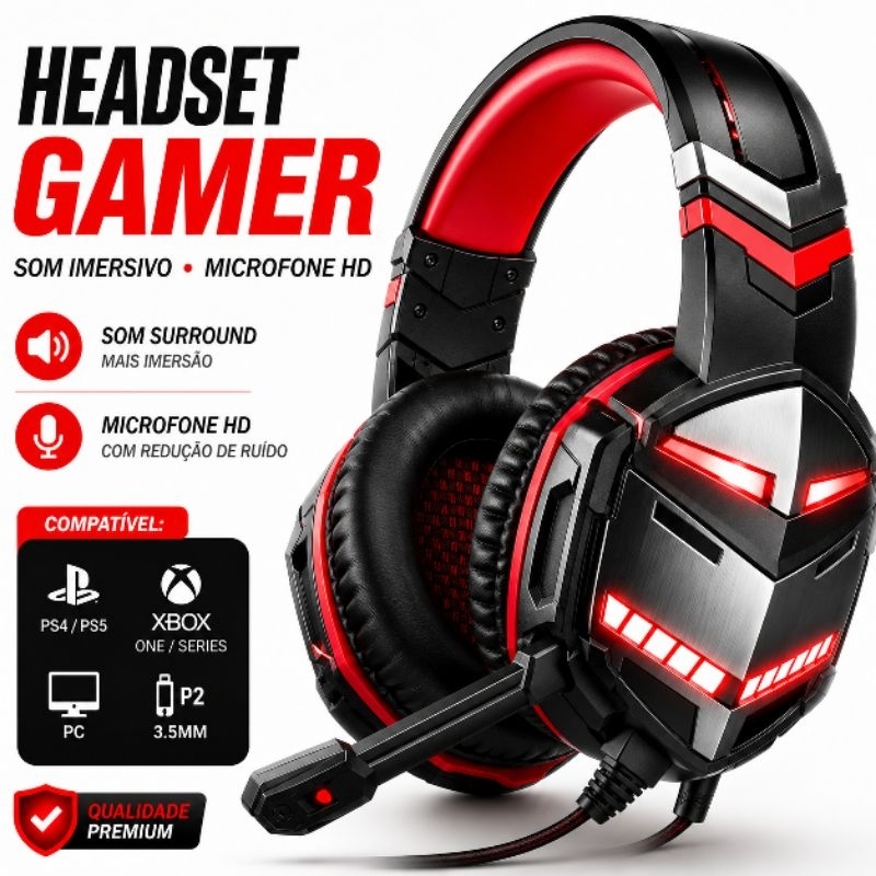 Headset Fone Gamer LED RGB Com Microfone PS4, PS5, Xbox, Celular, Tablet, Pc, Notebook, Gamer, entre  Outros