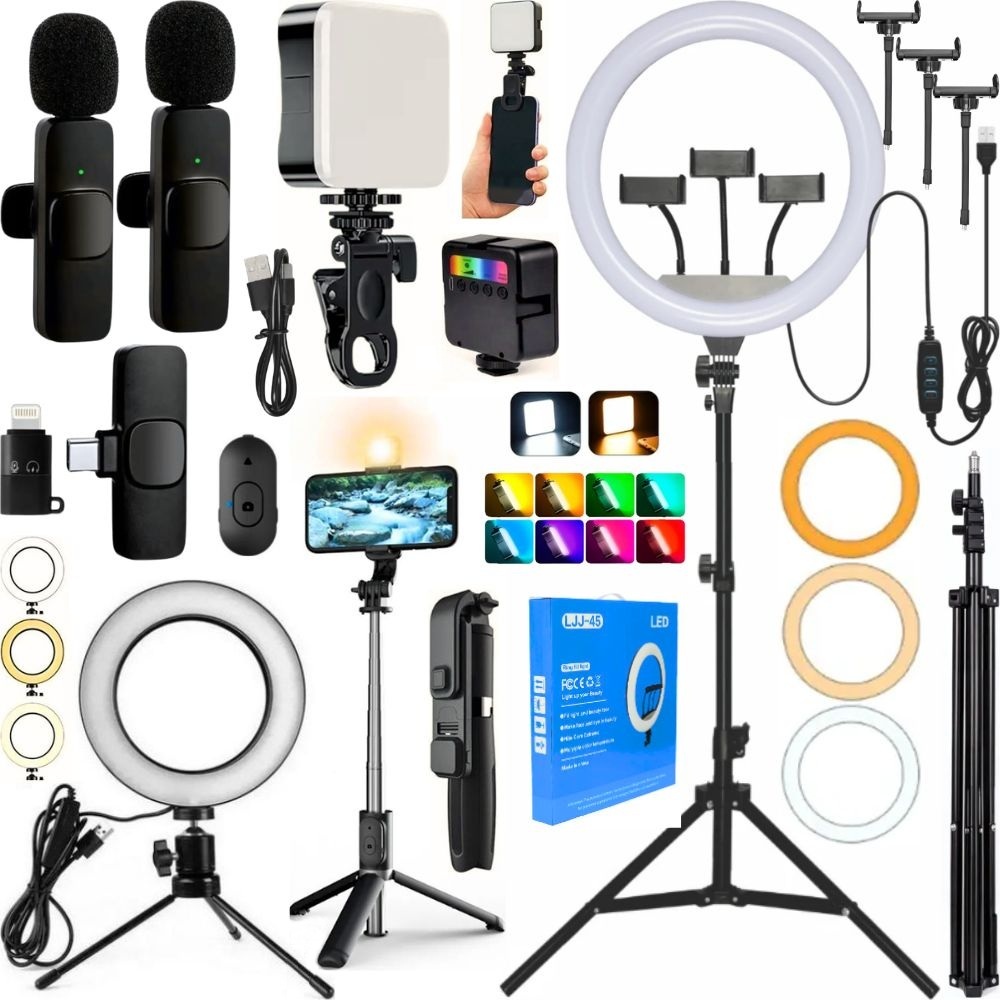 Kit Filmagem Ring Light 36cm Tripé 2m Microfone Duplo Sem Fio Bastão Led Acessórios Vídeo Celular