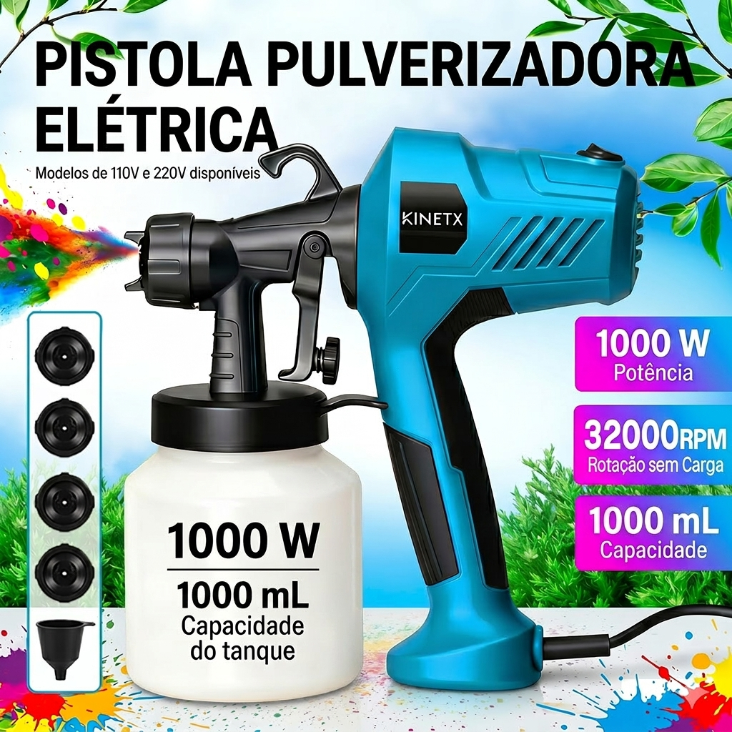 Pistola Elétrica Para Pintura Pulverizador de Tinta 1000W 1000ML 110V/220V 32000RPM 4 Bico e Compressor Profissional