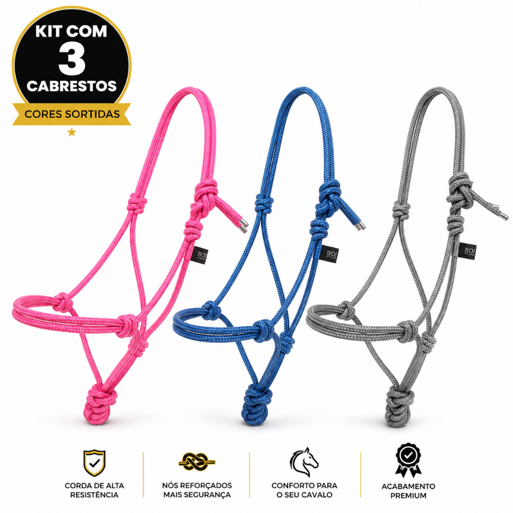 Cabrestos para Cavalos Kit 3 Peças | Corda Reforçada 8mm Modelo 7 Nós Cores Sortidas Manejo Diario