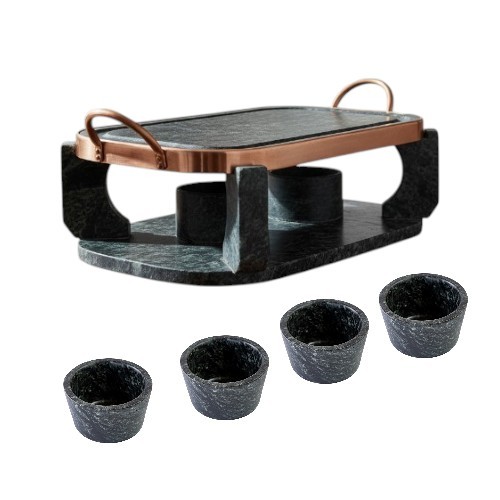 Churrasqueira de Pedra Sabão com Grelha Reta e Fogareiro + 04 molheiras de 80 ml - Anti-aderente e Versátil