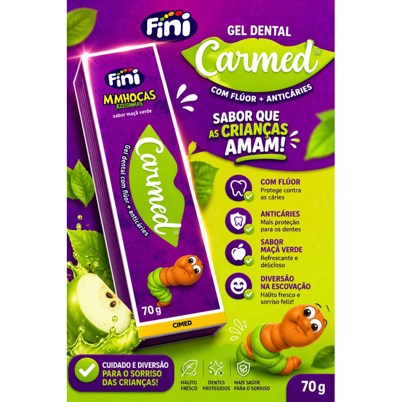 Gel Dental Carmed Fini Minhocas Azedinhas 70g – Sabor Maçã Verde