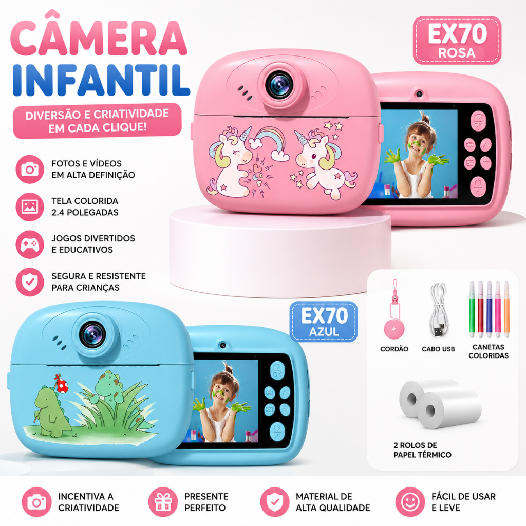 Câmera Imprime Foto Instantânea Infantil Filmadora Full Hd