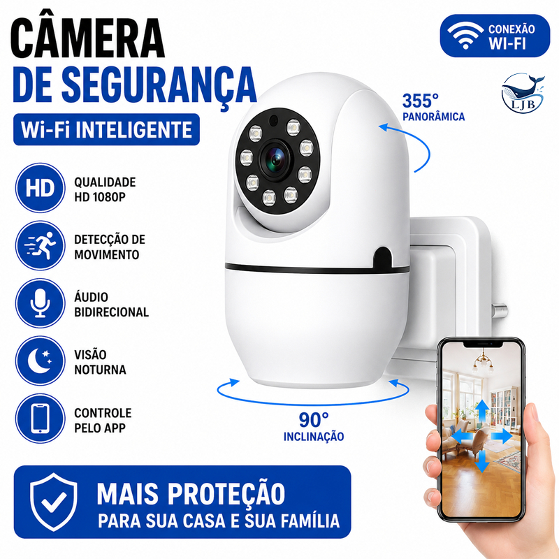 Câmera de Monitoramento Interno 3MP Full HD 1080P Plugue WiFi 360° com Áudio P07