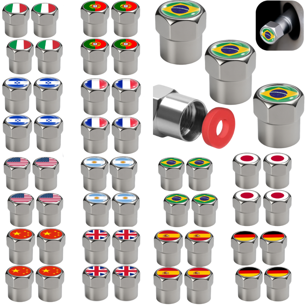 4 Tampa De Valvula Bico Pneu Metal Carro Moto Automotivo Universal Bandeira Paises