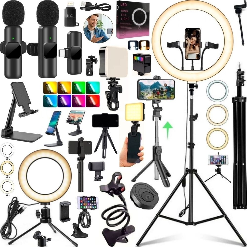 Kit Filmagem Ring Light Luz Led 36cm Tripé Microfone Bastão Acessórios Para Celular 15pçs