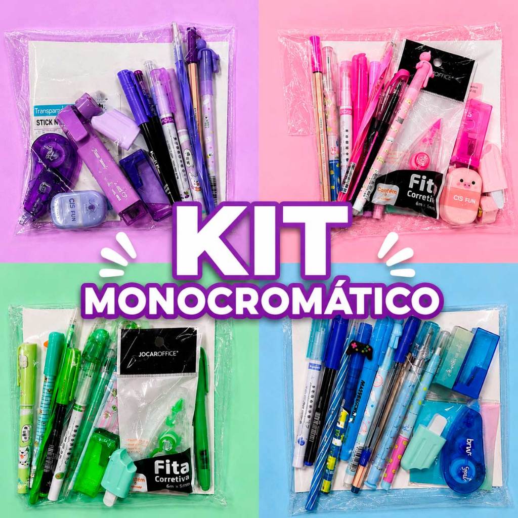 Kit 15 Itens de Papelaria Colors Monocromático Papelaria Completa Estudante