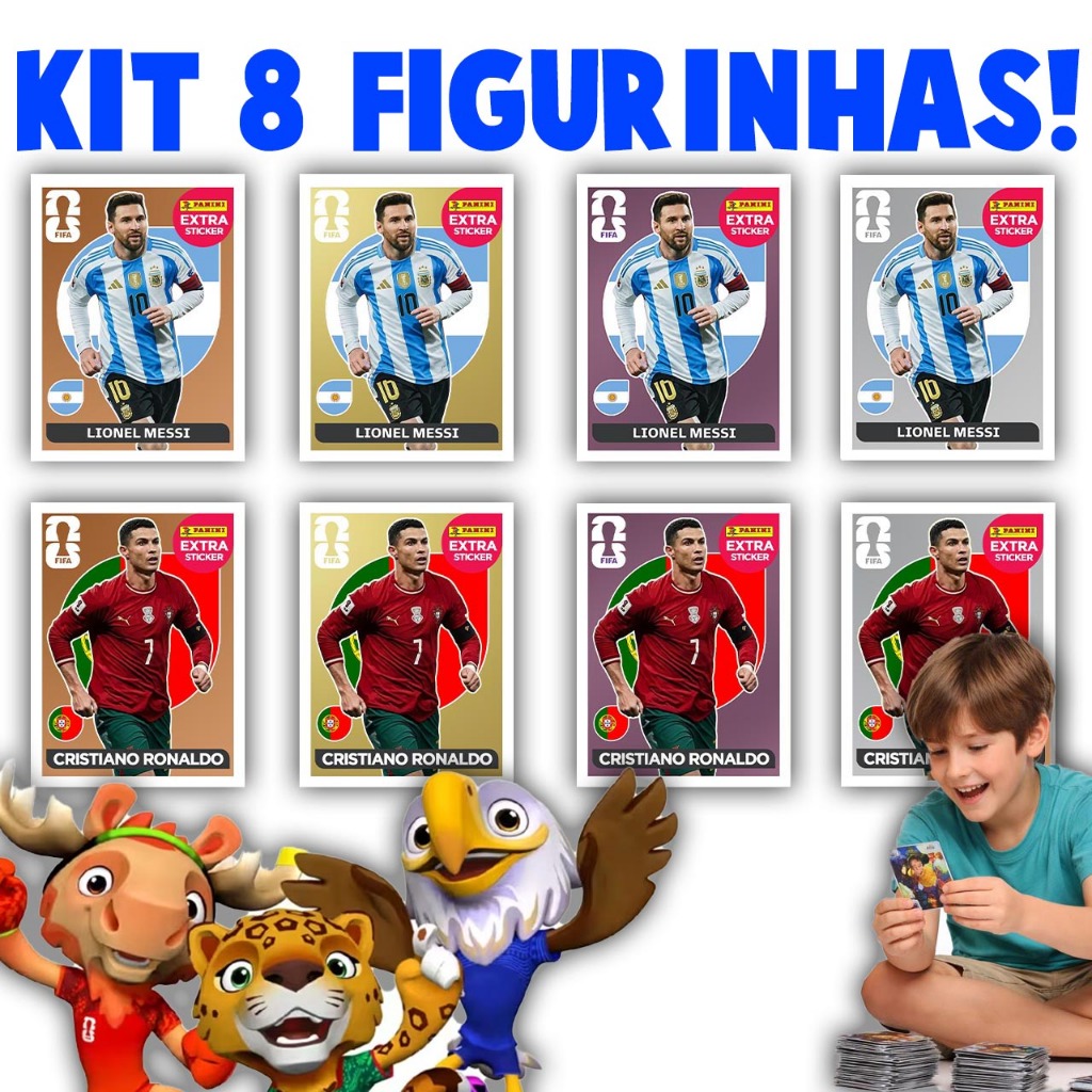 8 Figurinhas Legends Cristiano Ronaldo - Messi - OURO -Extra Sticker Neymar Copa do Mundo 2026 - Neymar