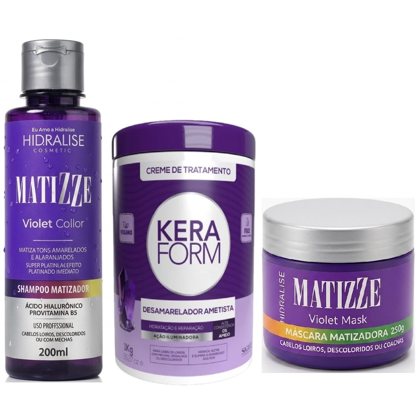 Kit Matizador Loiros Violet Shampoo + Máscara + Creme Desamarelador Keraform Ametista Skafe 1kg